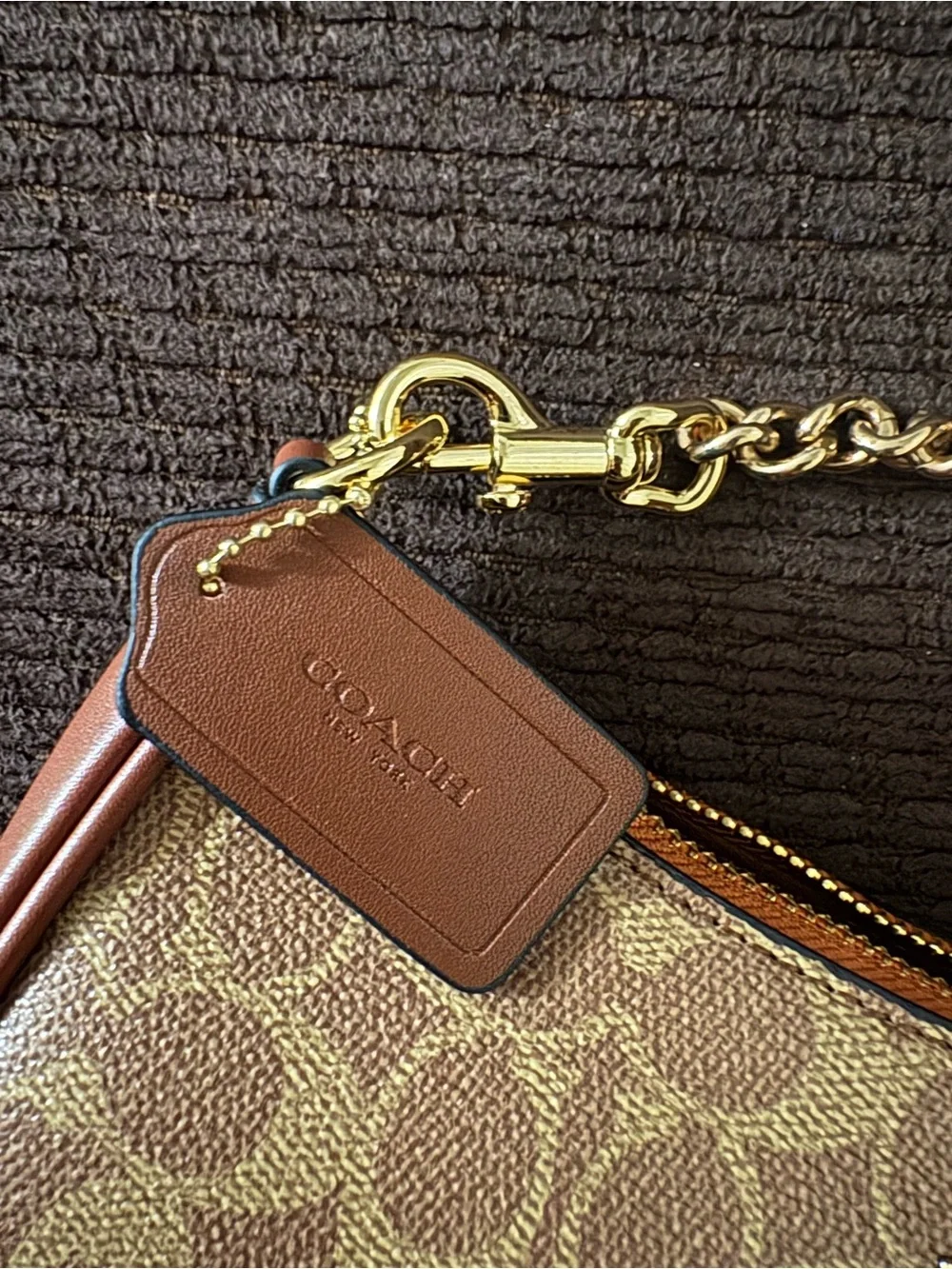 Coach Brown Signature Canvas Shoulder Bag with Gold Chain Strap